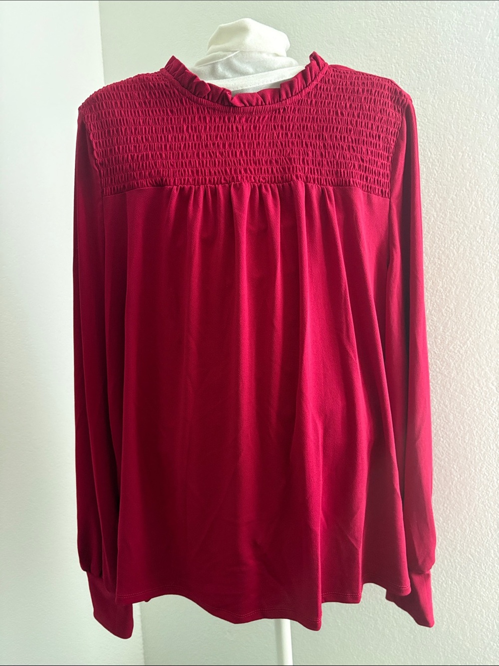 Women's Red Smocked Yoke Long-Sleeve Top